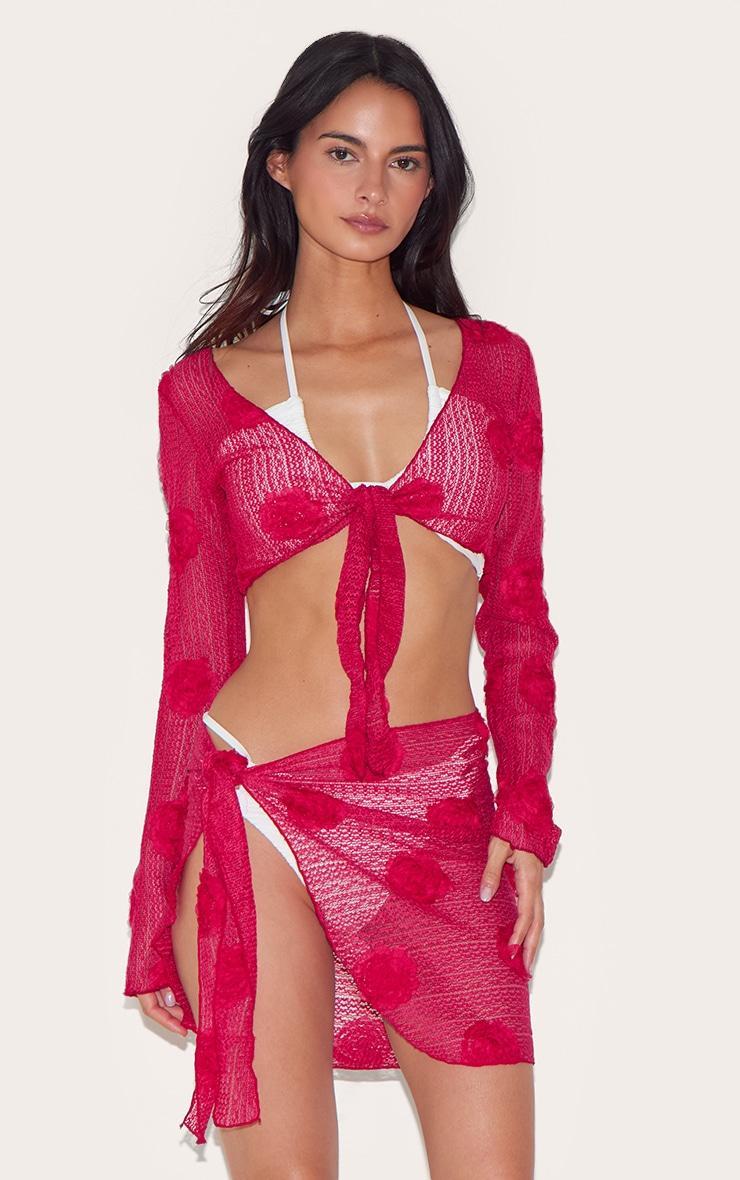 Red Textured Flower Trim Tie Front Beach Top Product Image