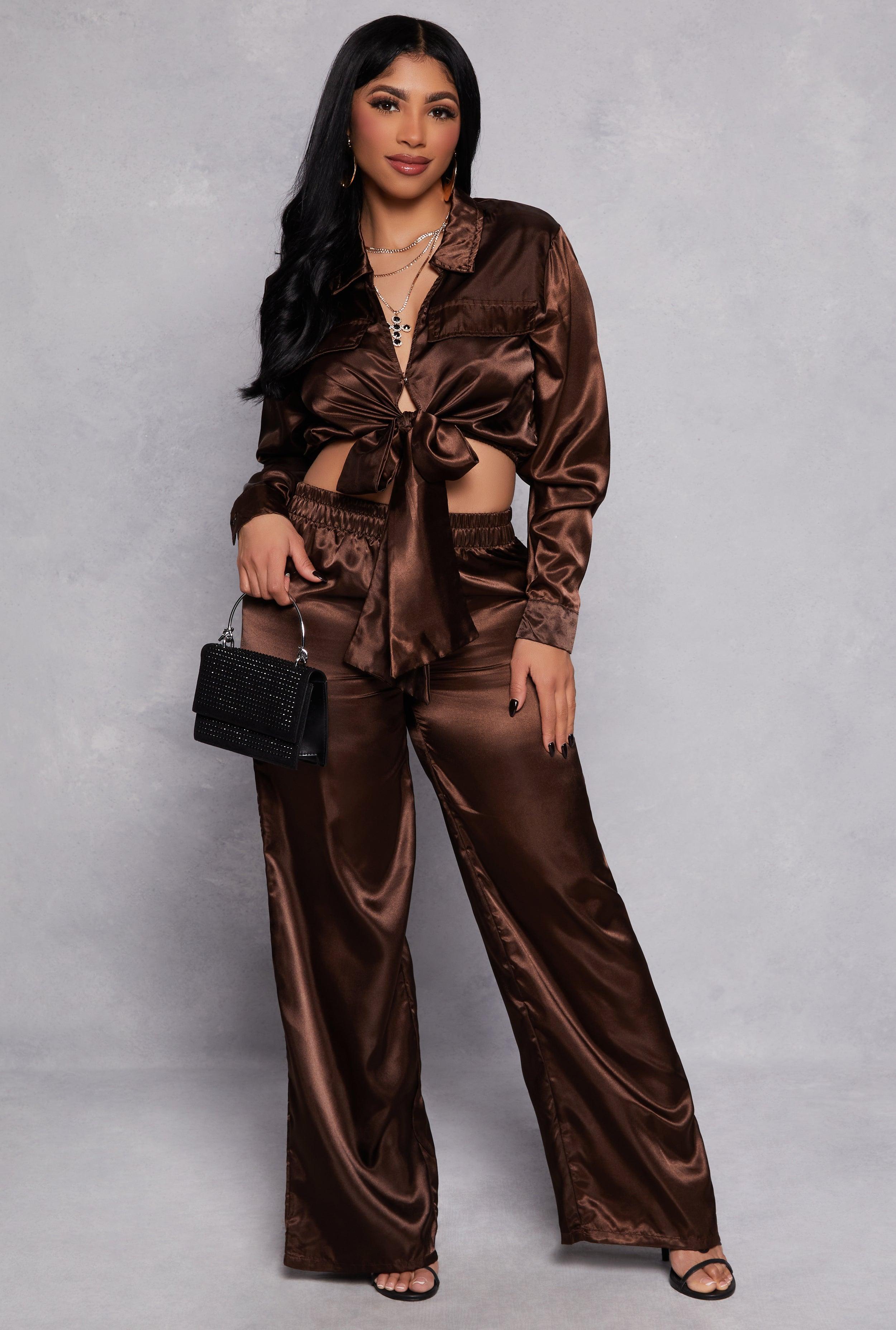 Womens Satin Tie Front Crop Top and Wide Leg Pants Product Image