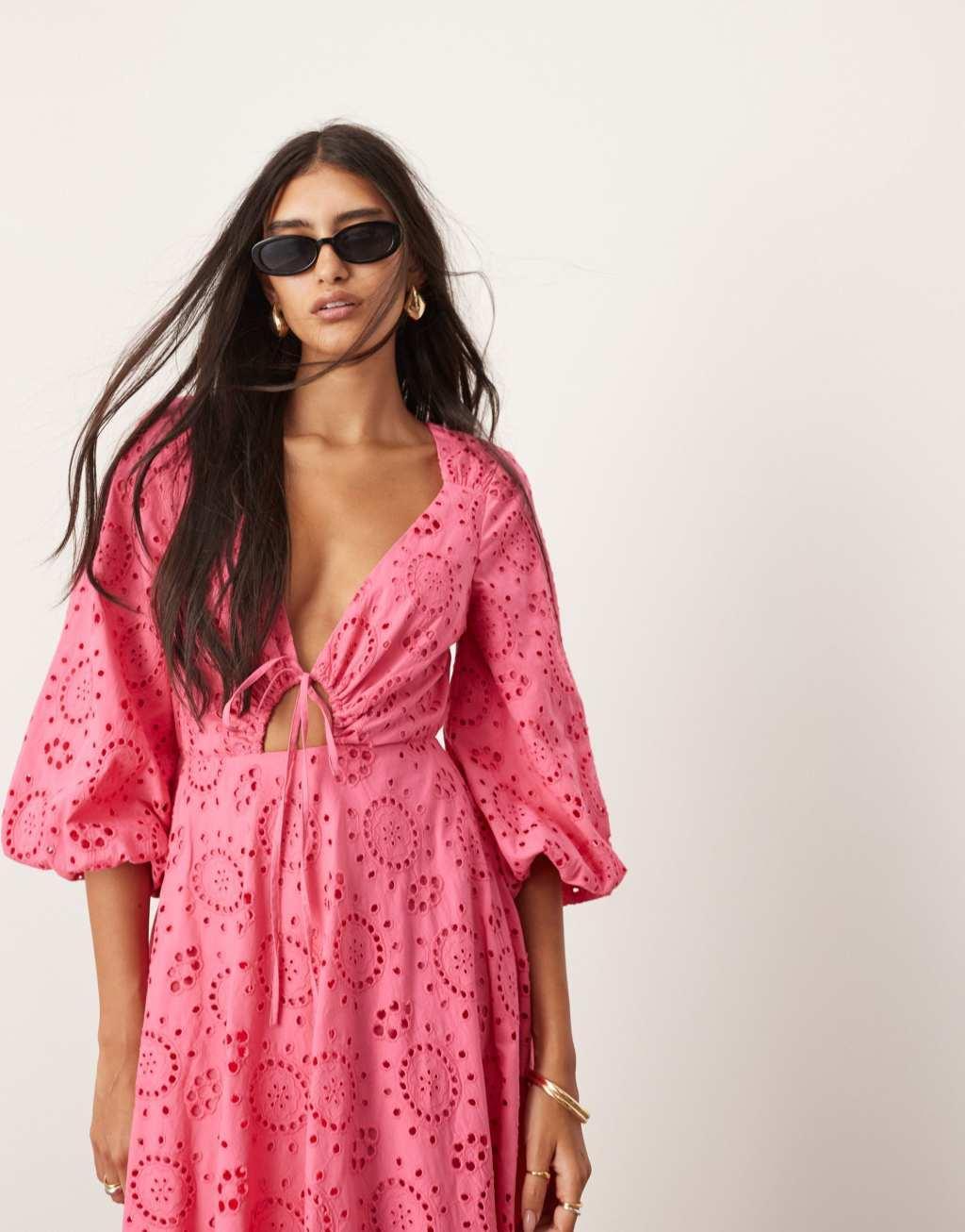 ASOS EDITION eyelet tie front midi dress with cut out detail in hot pink Product Image