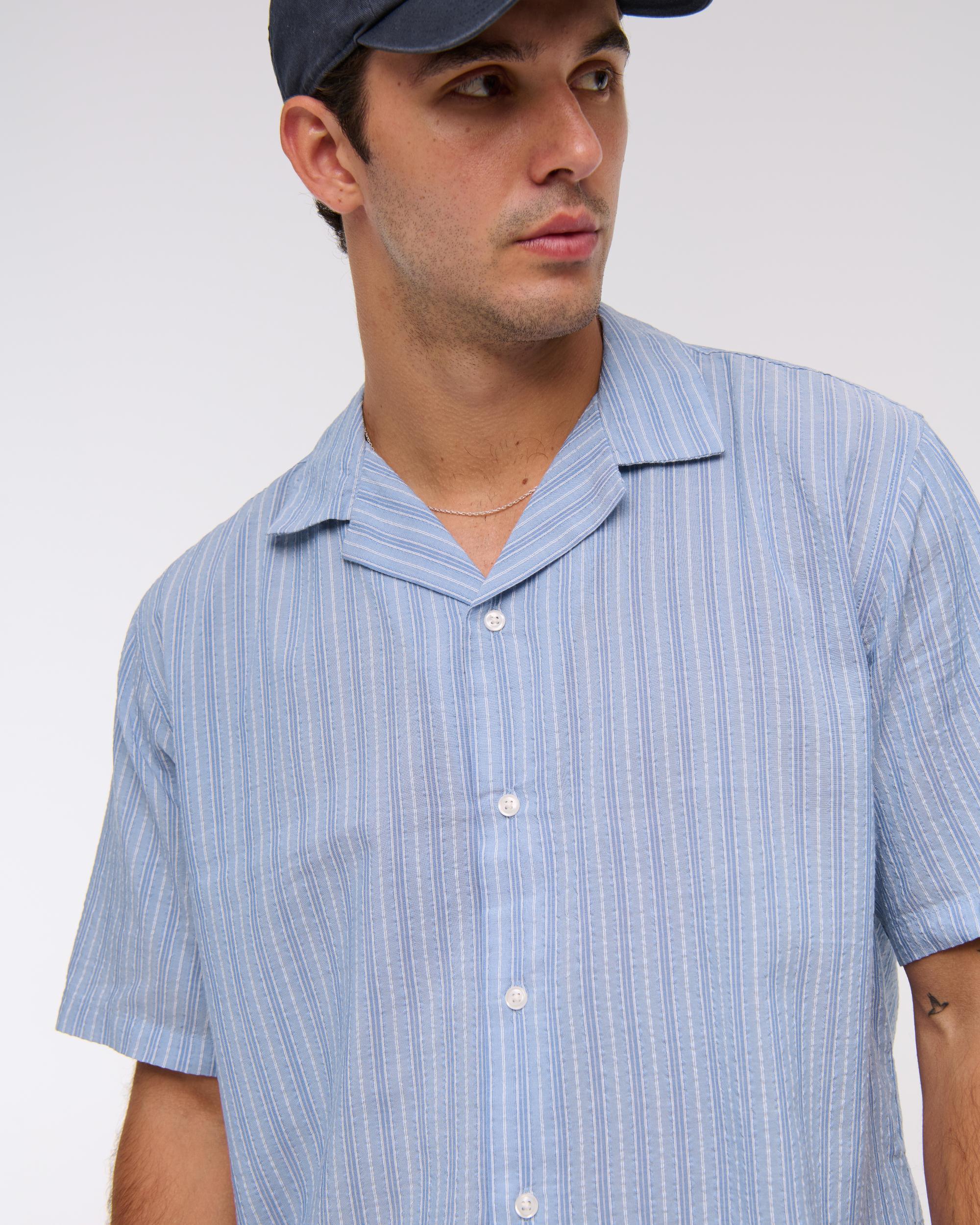 Camp Collar Cropped Seersucker Shirt Product Image