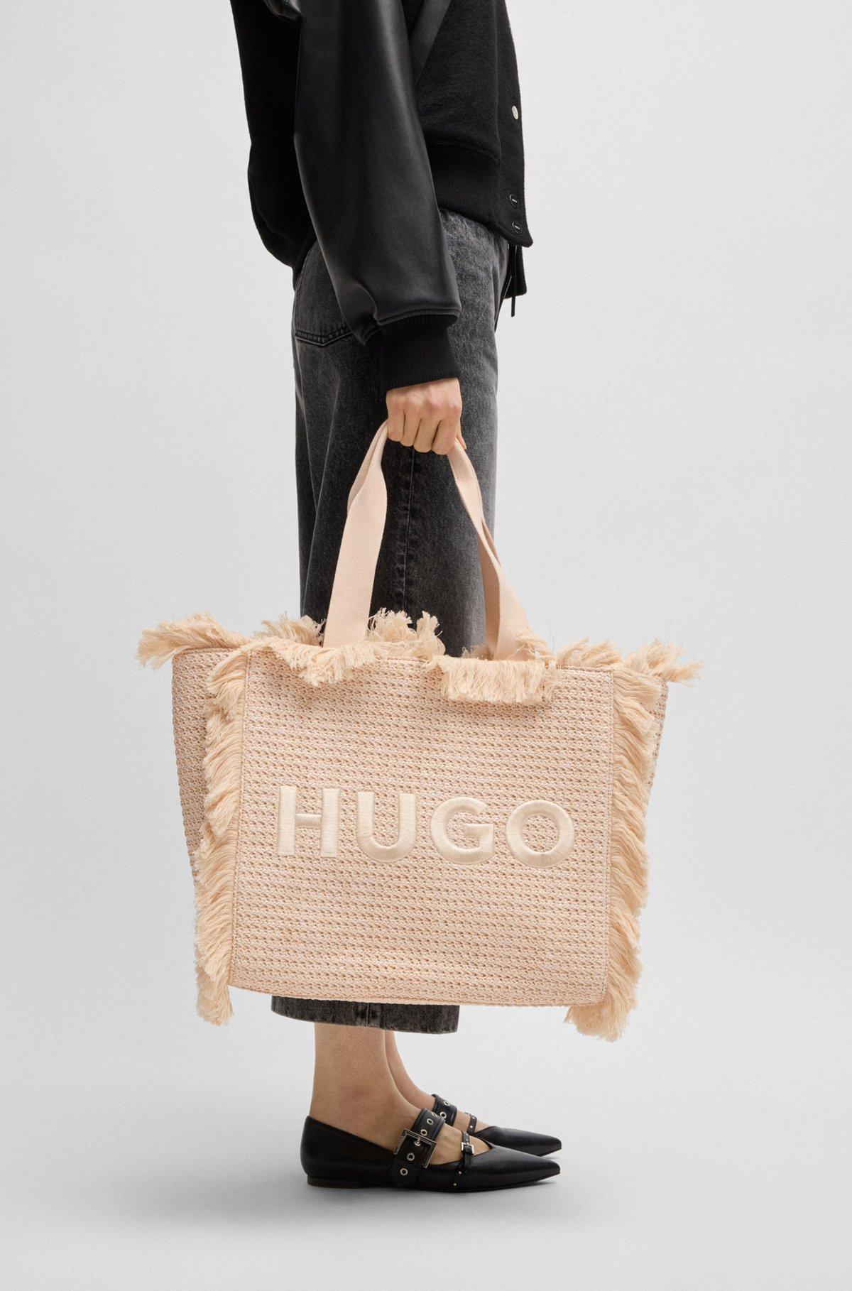 Logo-embroidered raffia-effect tote bag with fringe trims Product Image