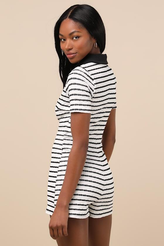 Adorably Playful White and Black Striped Textured Romper Product Image