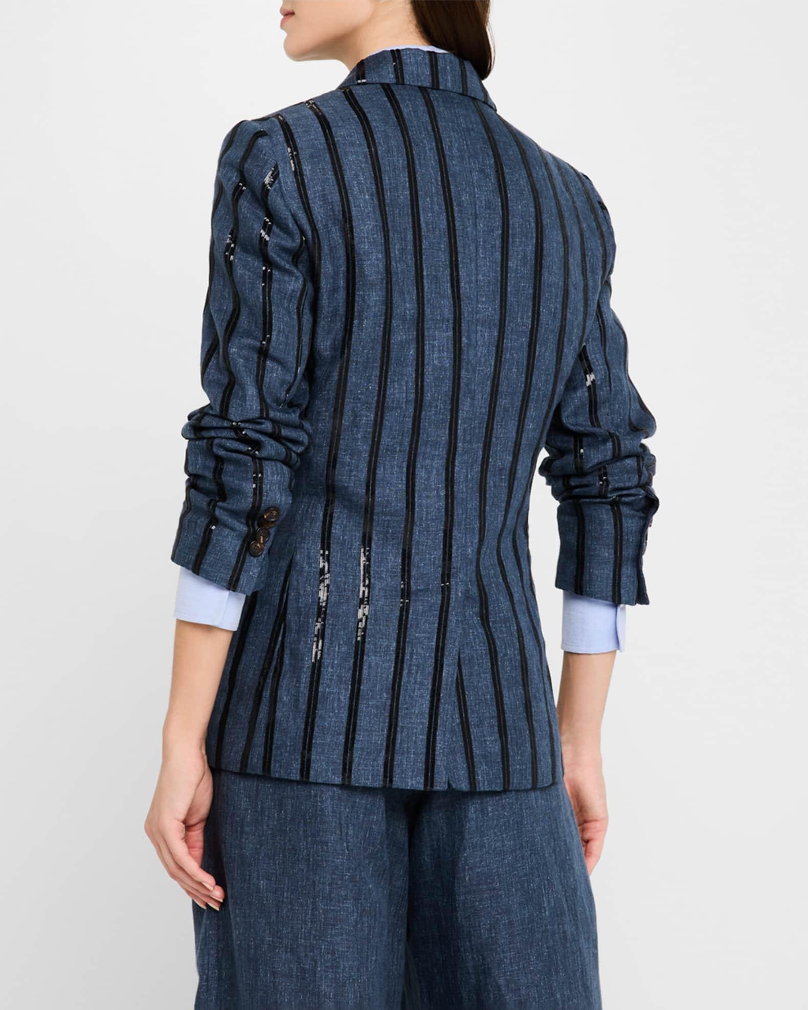 Paillette Striped Denim-Effect Linen Single-Breasted Blazer Product Image