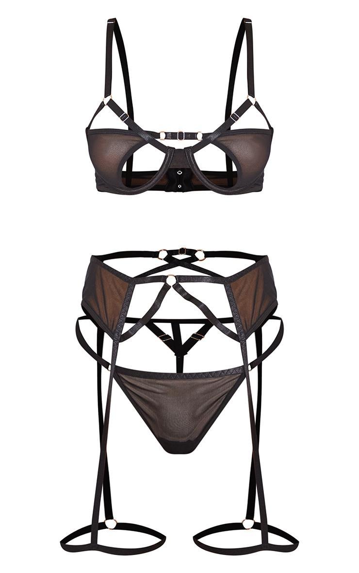 Black Mesh Strapping Detail 3 Piece Lingerie Set Product Image