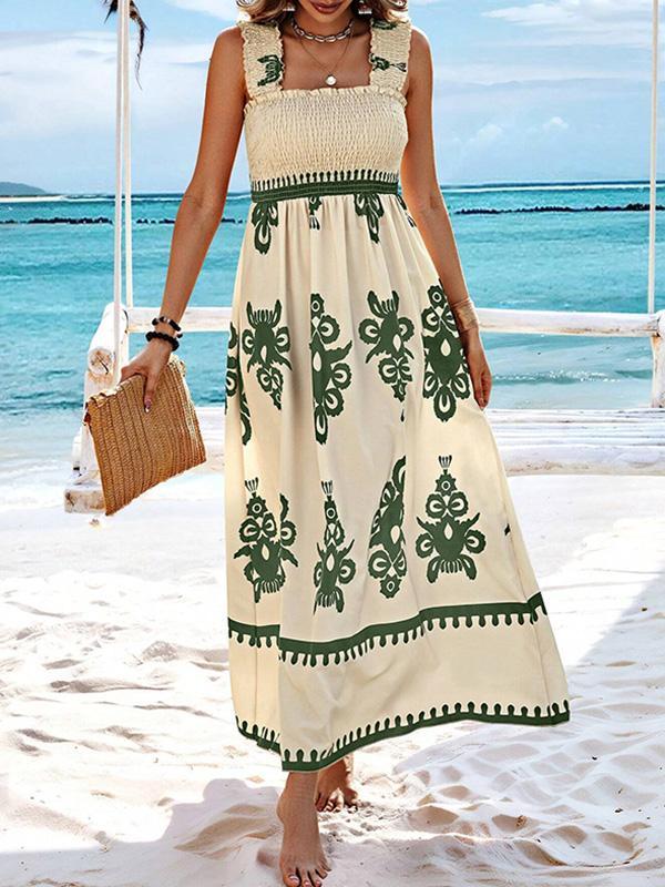 A-Line Loose Elasticity Pleated Printed Split-Joint Square-Neck Maxi Dresses Product Image