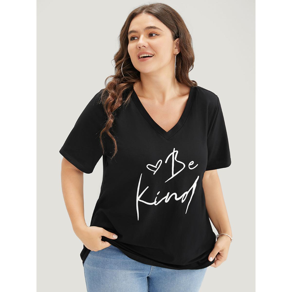 Plus Size Letter & Heart Print V Neck T-shirt Black Women Casual Letter Dailywear T-shirts BloomChic 10/M Product Image