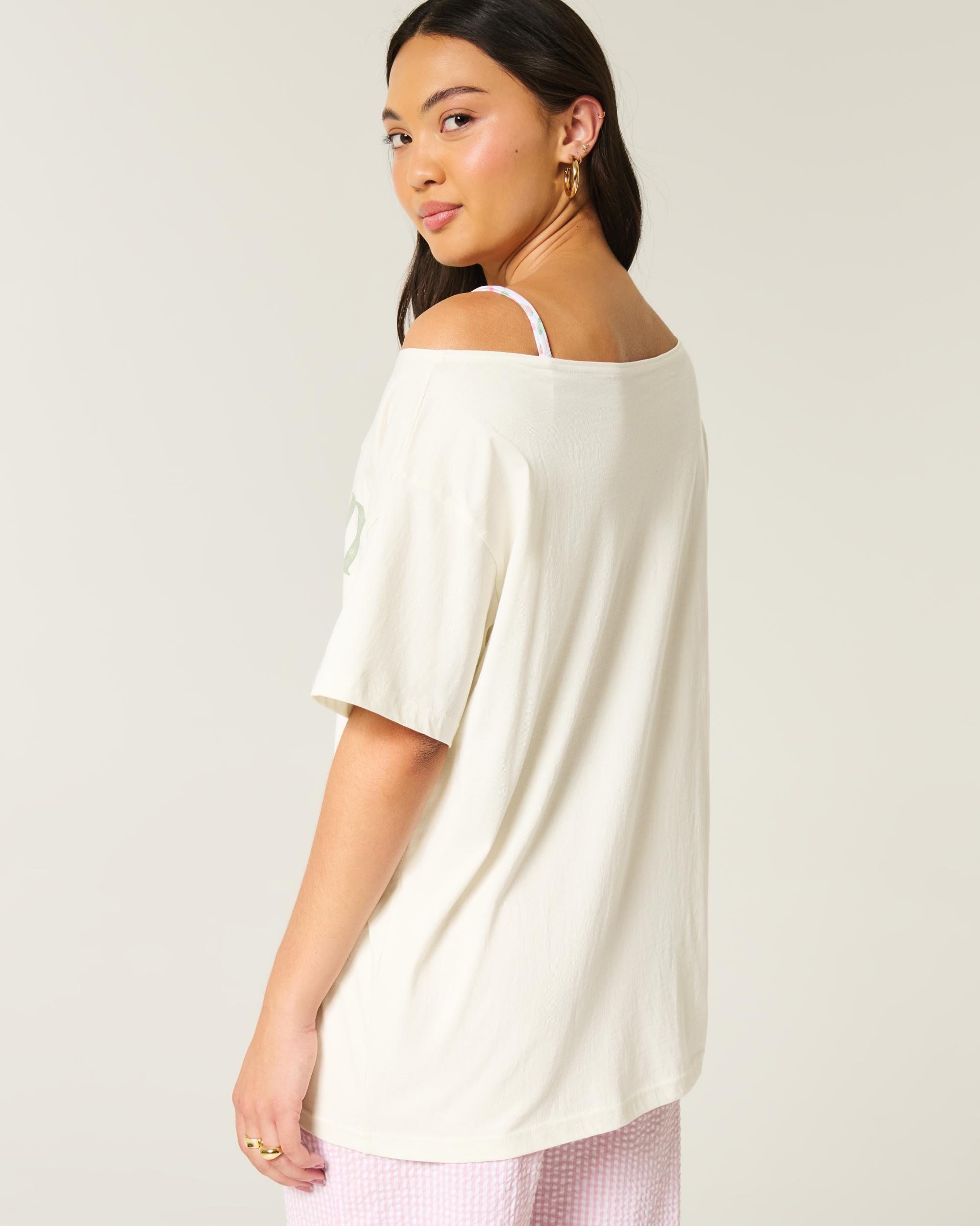 Oversized Off-the-Shoulder Hamptons Graphic Tee Product Image