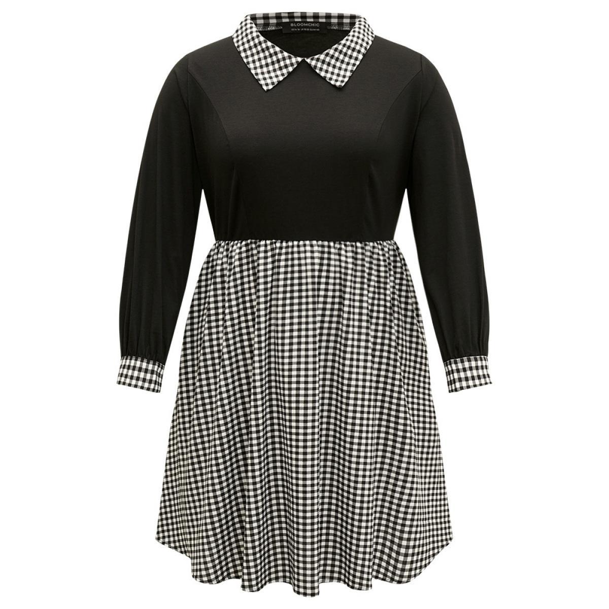 Plus Size Gingham Patchwork Pocket Shirt Collar Dress Black Women Office Patchwork Shirt collar Long Sleeve Curvy Midi Dress BloomChic 14-16/1X Product Image