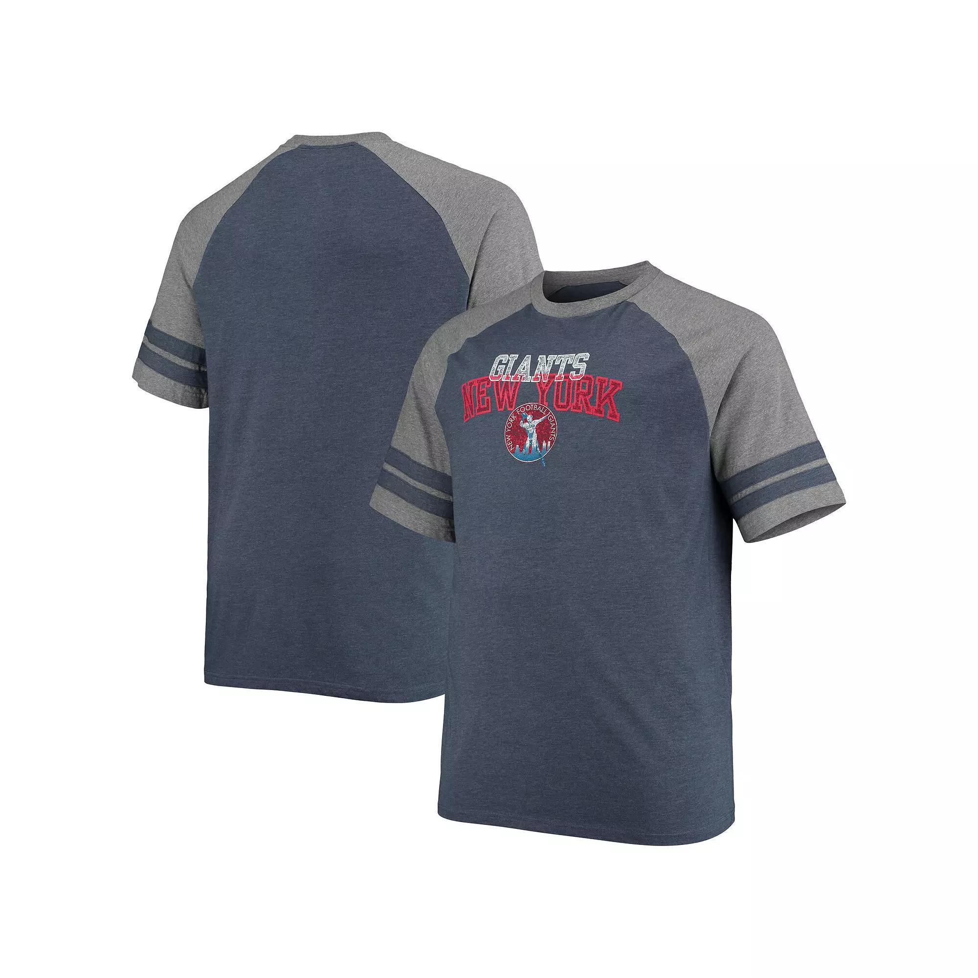 Men's Fanatics Branded Navy/Heathered Gray New York Giants Big & Tall Throwback 2-Stripe Raglan T-Shirt, Size: 3XLT, Blue Product Image