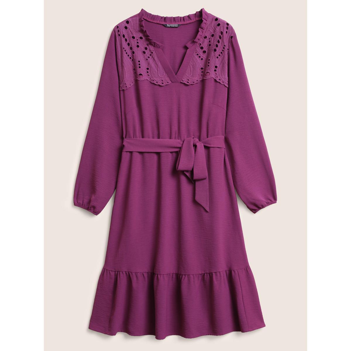 Plus Size Solid Lace Panel Cut Out Belted Gathered Dress Purple Women Elegant Non Notched collar Long Sleeve Curvy Knee Dress BloomChic 18-20/2X Product Image