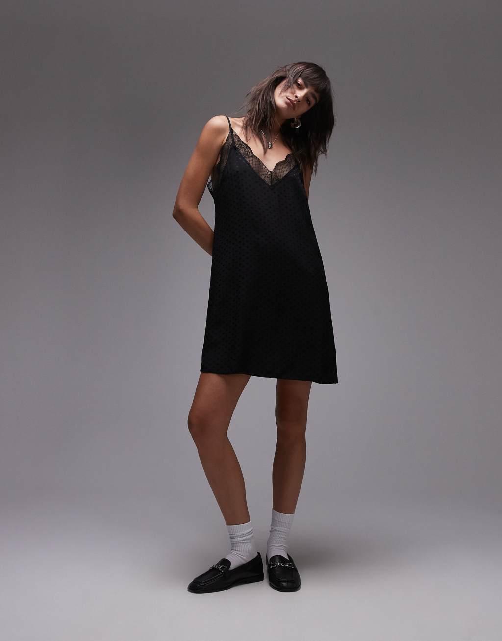 Topshop jacquard spot lace trim mini slip dress in black Product Image