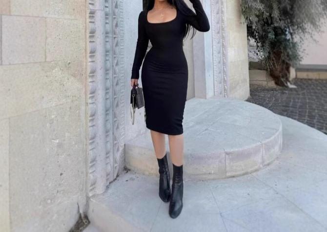 Long-Sleeve Scoop Neck Plain Midi Sheath Dress Product Image