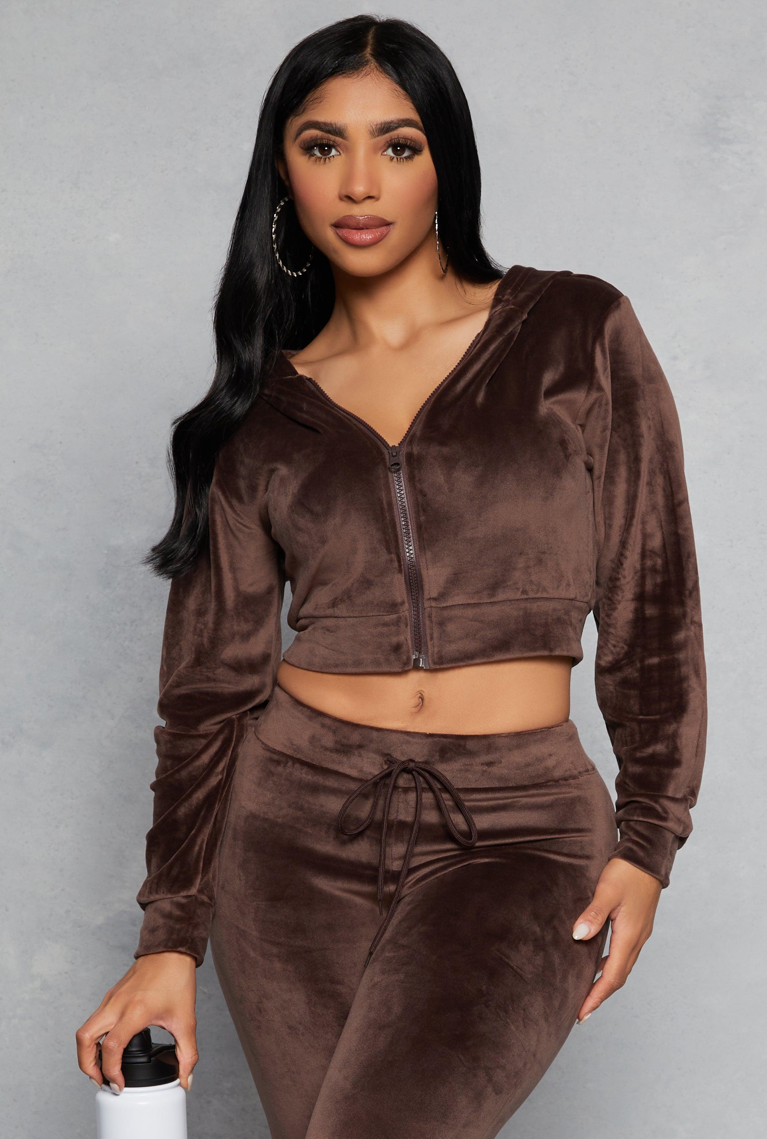 Womens Velour Zip Up Hooded Crop Top Product Image