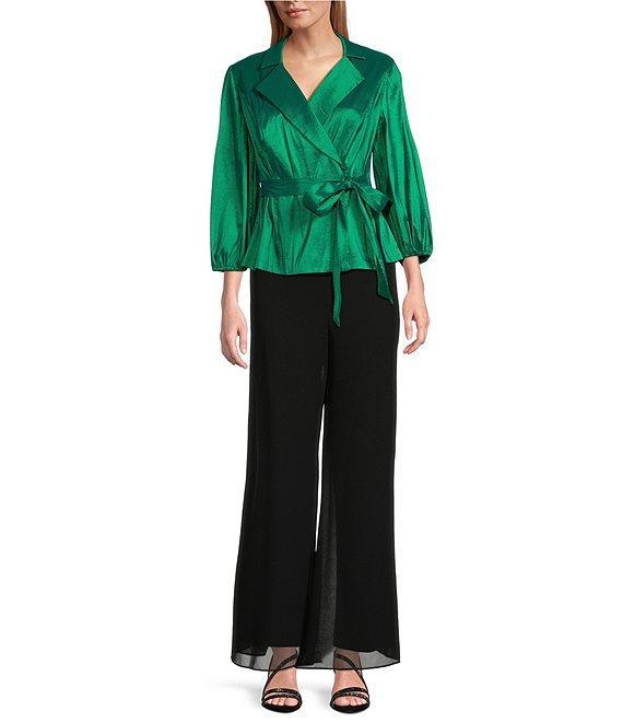Alex Evenings Stretch Taffeta Collared V-Neck 3/4 Balloon Sleeve Tie Sash Wrap Top Product Image