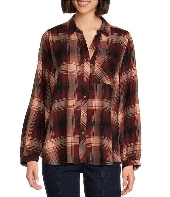 Westbound Ombre Plaid Print Long Sleeve Y-Neck Button Front Collared Top Product Image