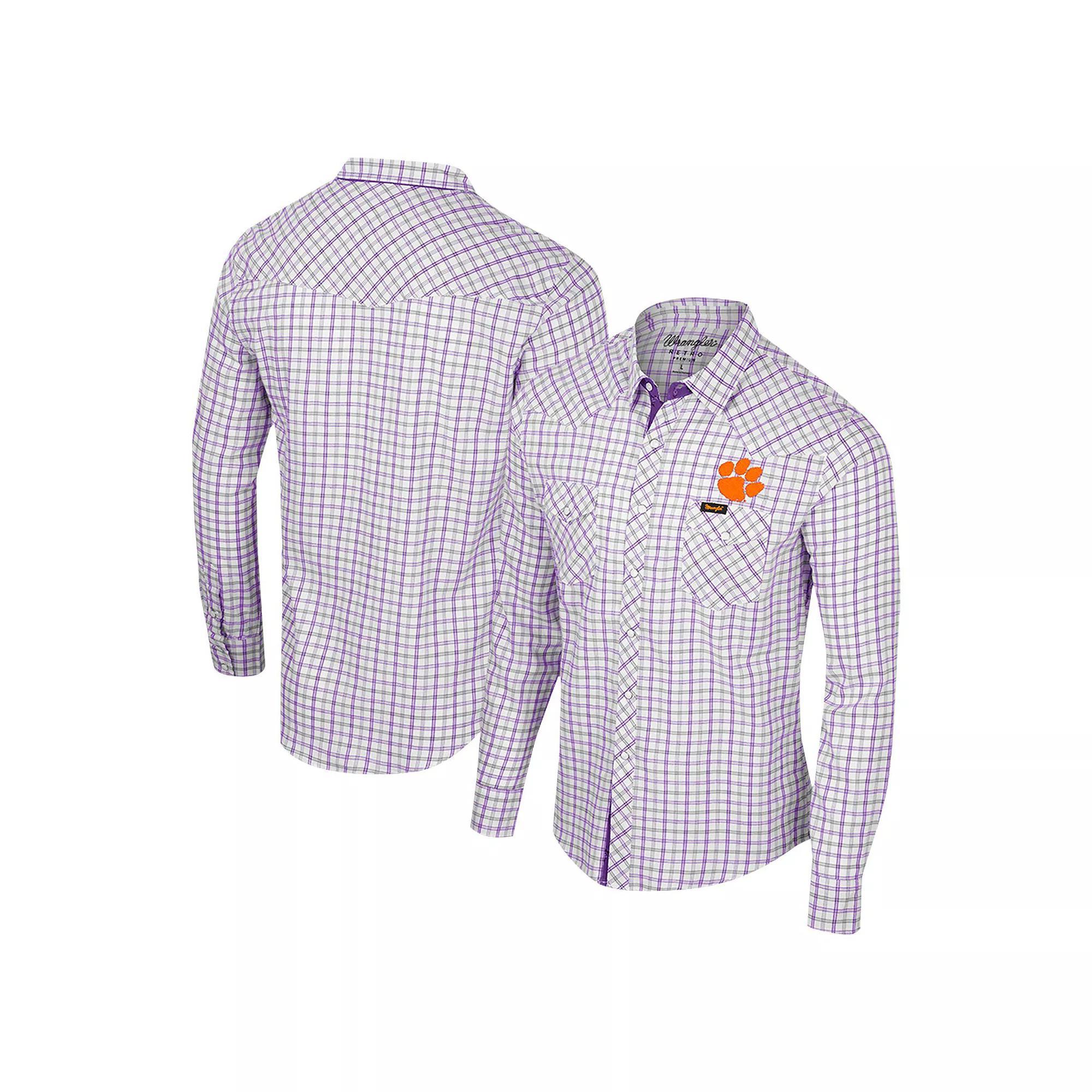 Men's Colosseum x Wrangler White Clemson Tigers Plaid Window Pane Long Sleeve Full-Snap Shirt, Size: Large Product Image