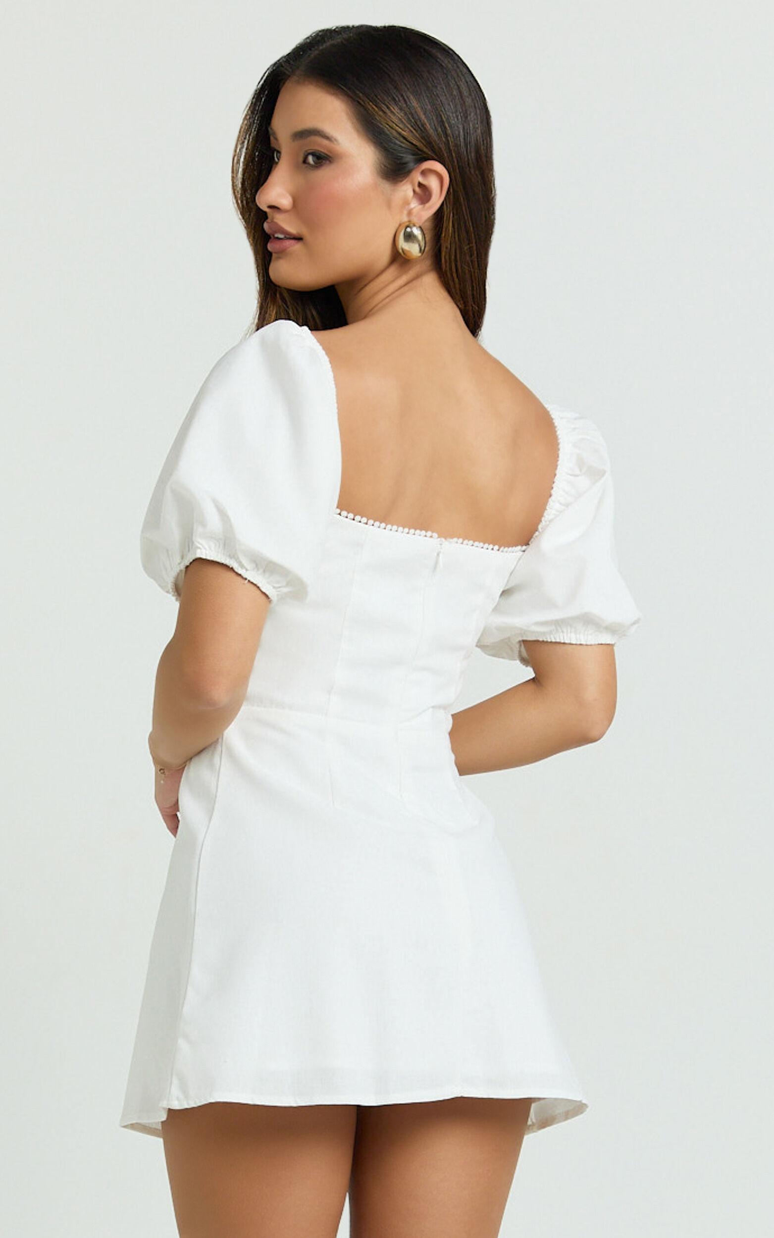 Jules Mini Dress - Puff Sleeve Square Neck Fit And Flare Dress in White Product Image