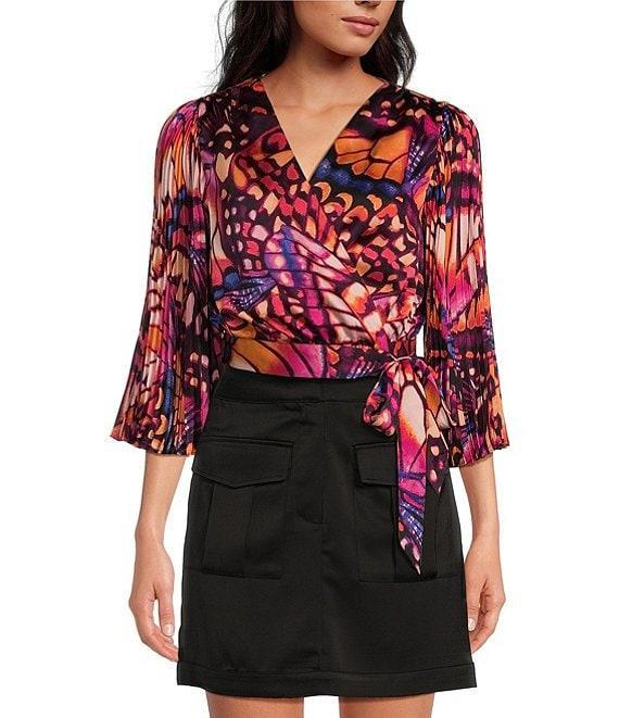 Skies Are Blue Butterfly Print V-Neck 3/4 Sleeve Front Tie Pleated Top Product Image