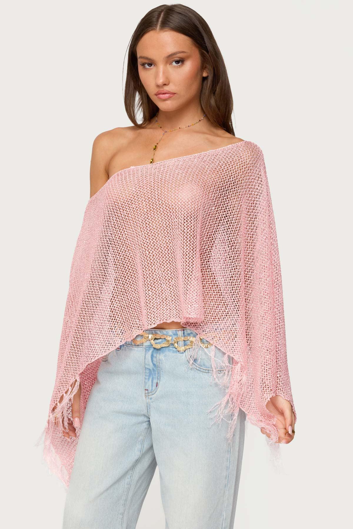 Sequin Fringe Knit Poncho Product Image