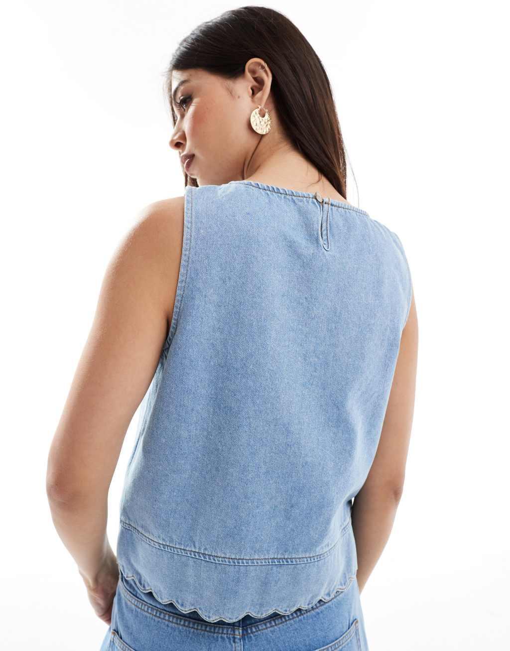 ASOS DESIGN denim scallop edge tank top in mid blue Product Image