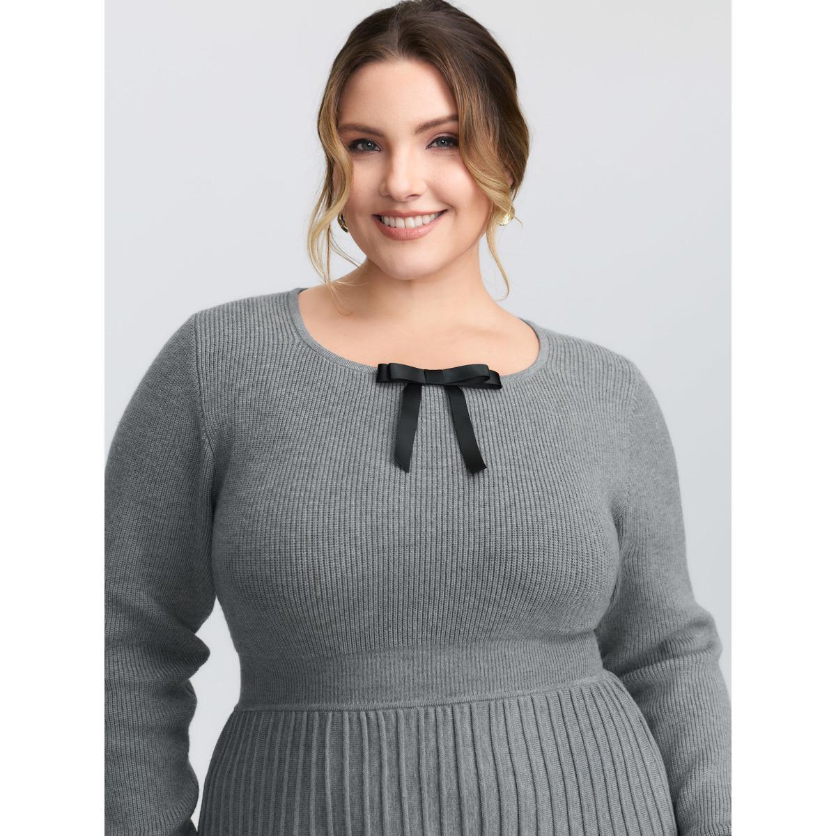 Plus Size Bowknot Neckline Cinched-Waist A-Line Sweater Dress DarkGray Women Timeless Bodycon Long Sleeve Elegant Sweater Dresses BloomChic 12/L Product Image