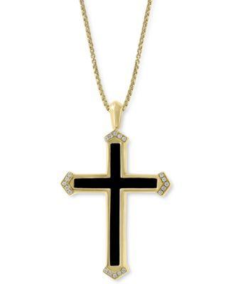 Effy Mens Onyx & Diamond (1/10 ct. t.w.) Cross 22 Pendant Necklace in 14k Gold Product Image