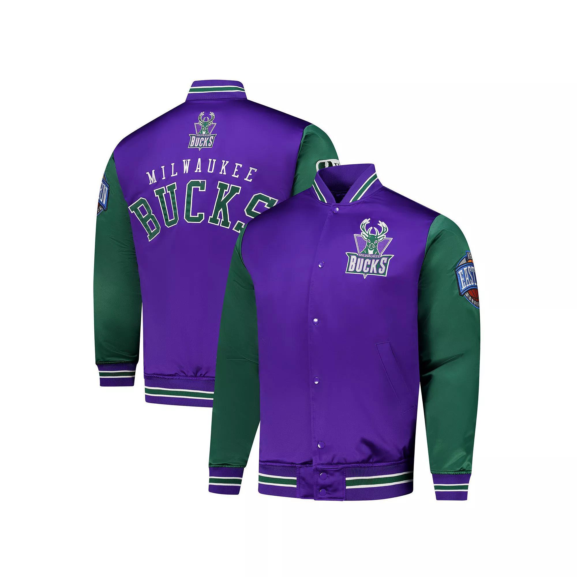 Men's Mitchell & Ness Purple Milwaukee Bucks Hardwood Classic Primetime Full-Snap Satin Jacket,  Product Image