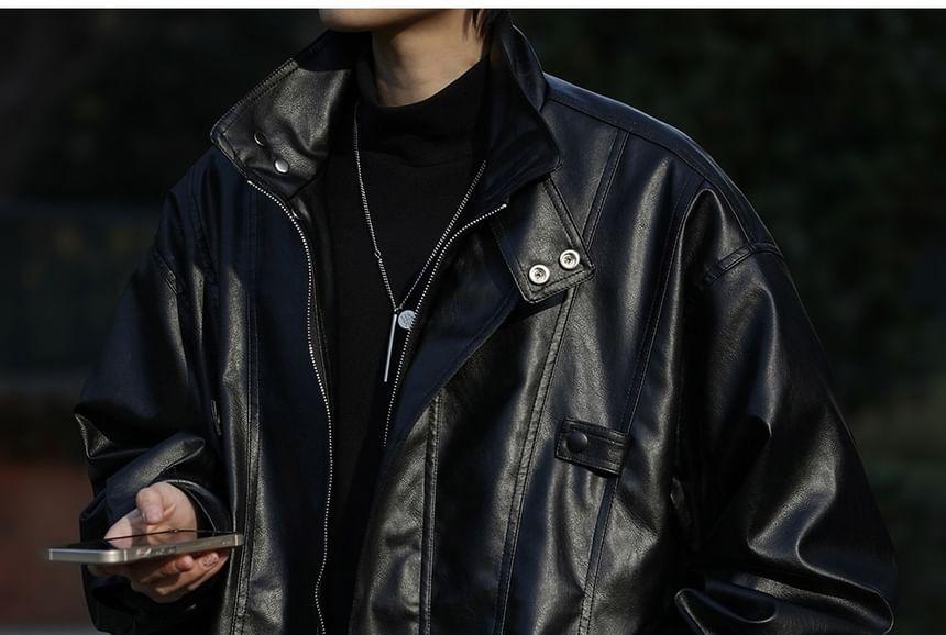 Stand Collar Plain Zip-Up Faux Leather Jacket Product Image