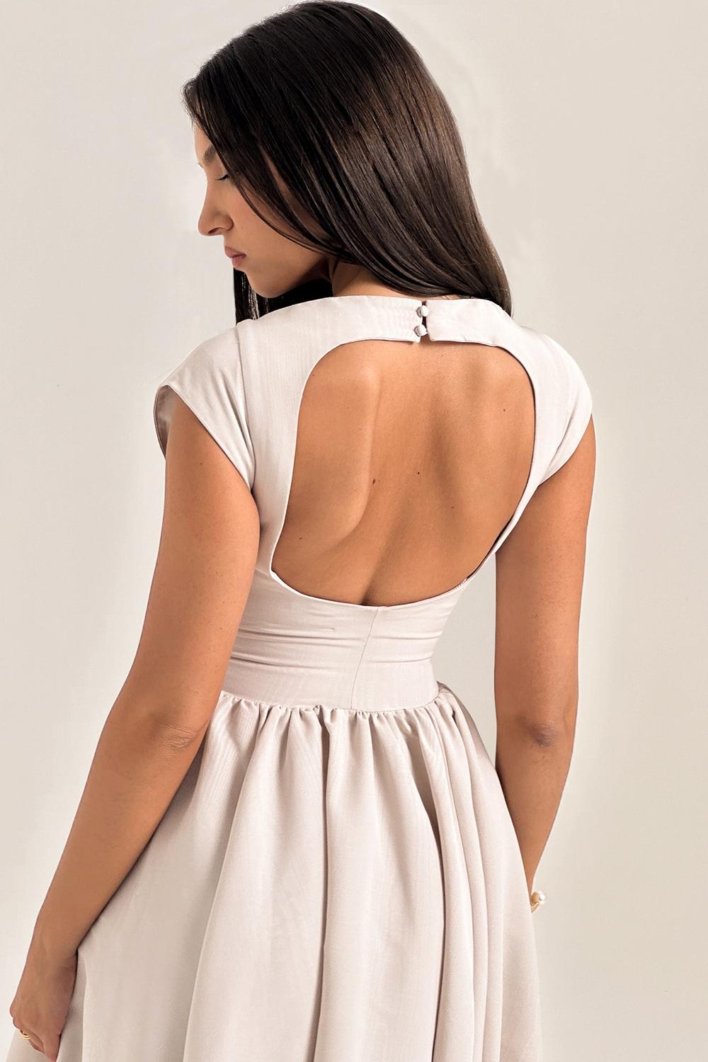 Debutante French Dove Moire Satin Backless Midi Dress Product Image