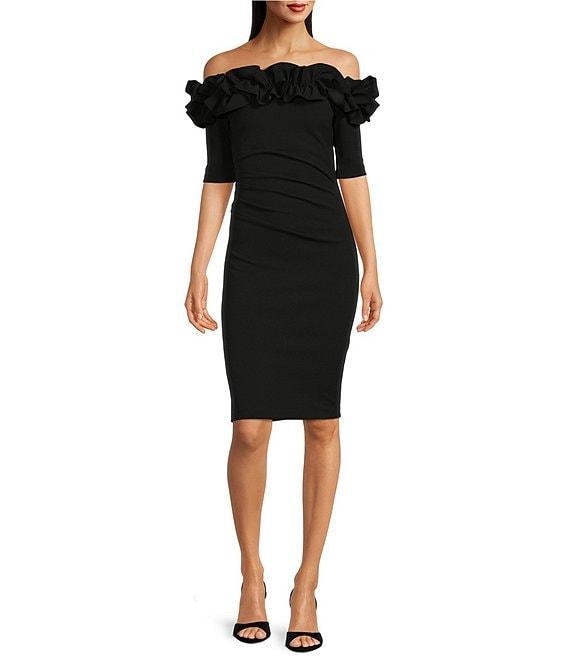 Xscape Off-the-Shoulder Ruffle Neck Short Sleeve Stretch Scuba Crepe Dress Product Image