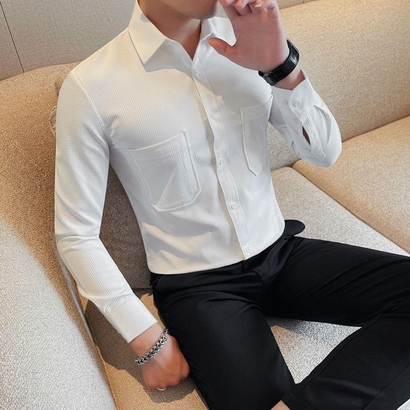 Long Sleeve Collared Plain Shirt Product Image