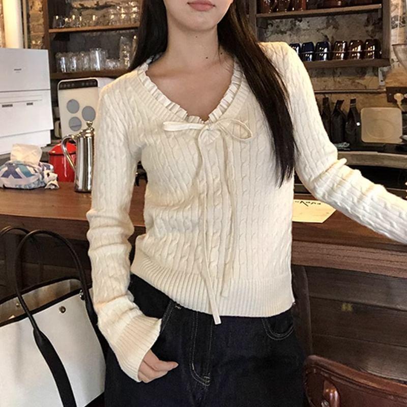 Long Sleeve V-Neck Ruffled-Trim Bow Accent Plain Cable-Knit Loose-Fit Top Product Image