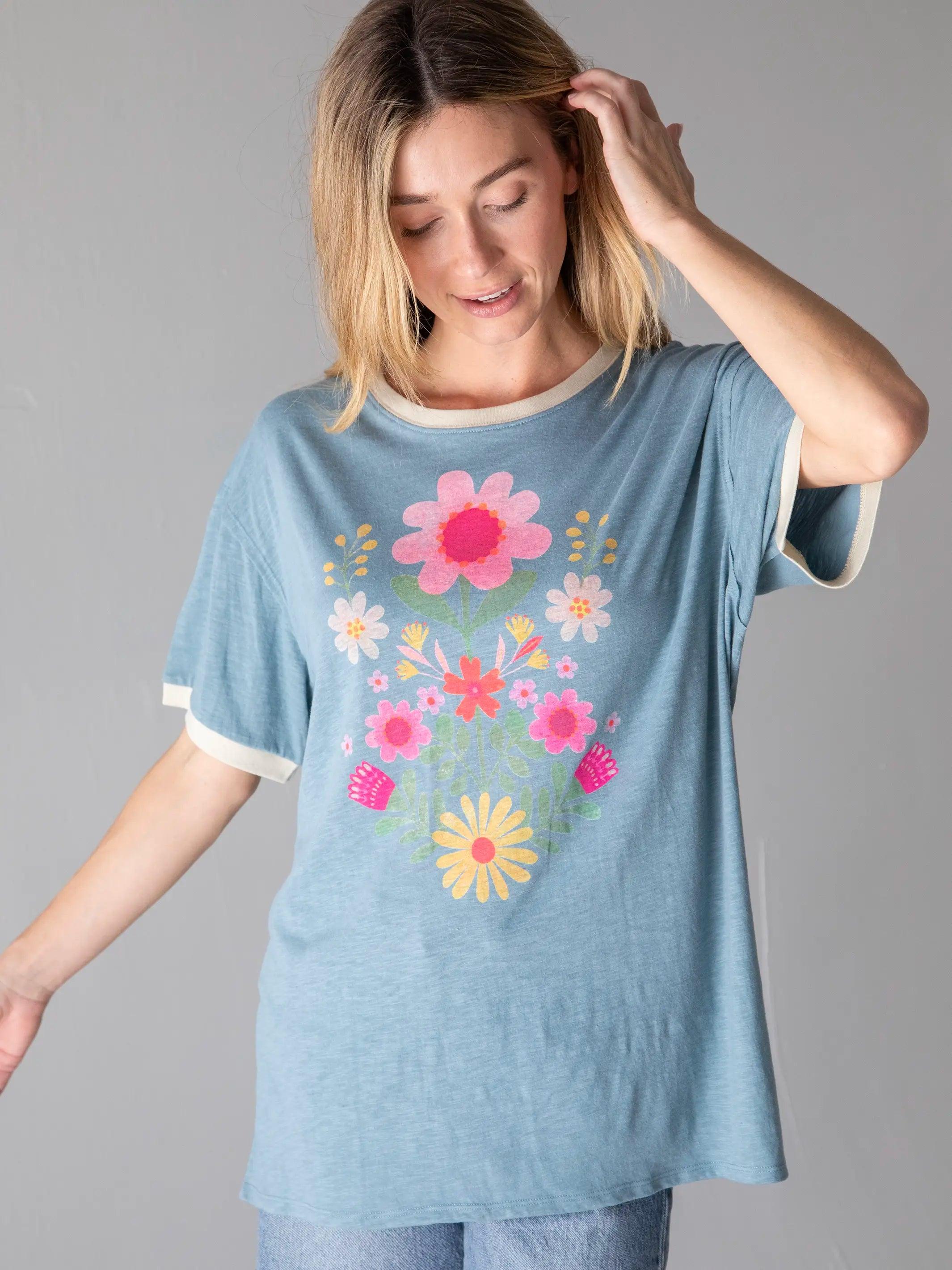 Ringer Oversized Tee Shirt - Blue Folk Flower Product Image