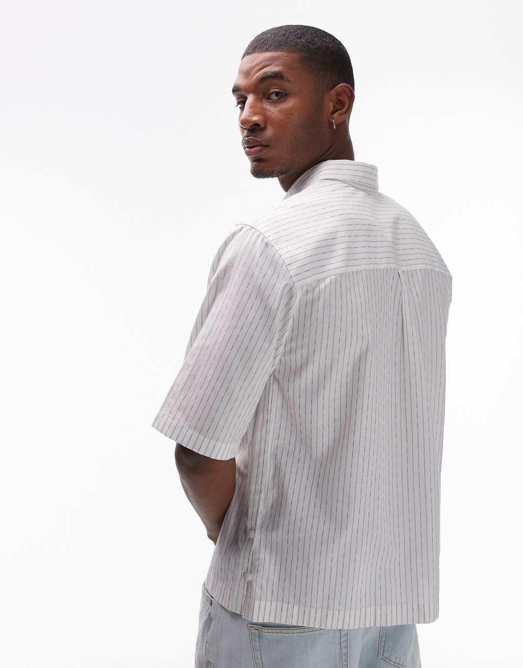 Topman short sleeve pin stripe relaxed cotton shirt in white Product Image