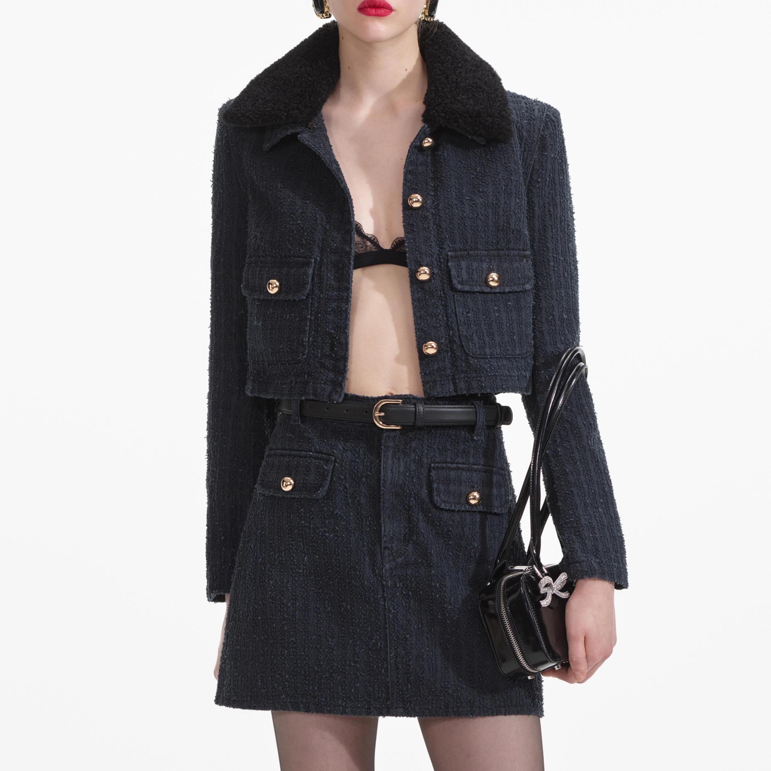 Grey Textured Denim Mini Skirt Product Image