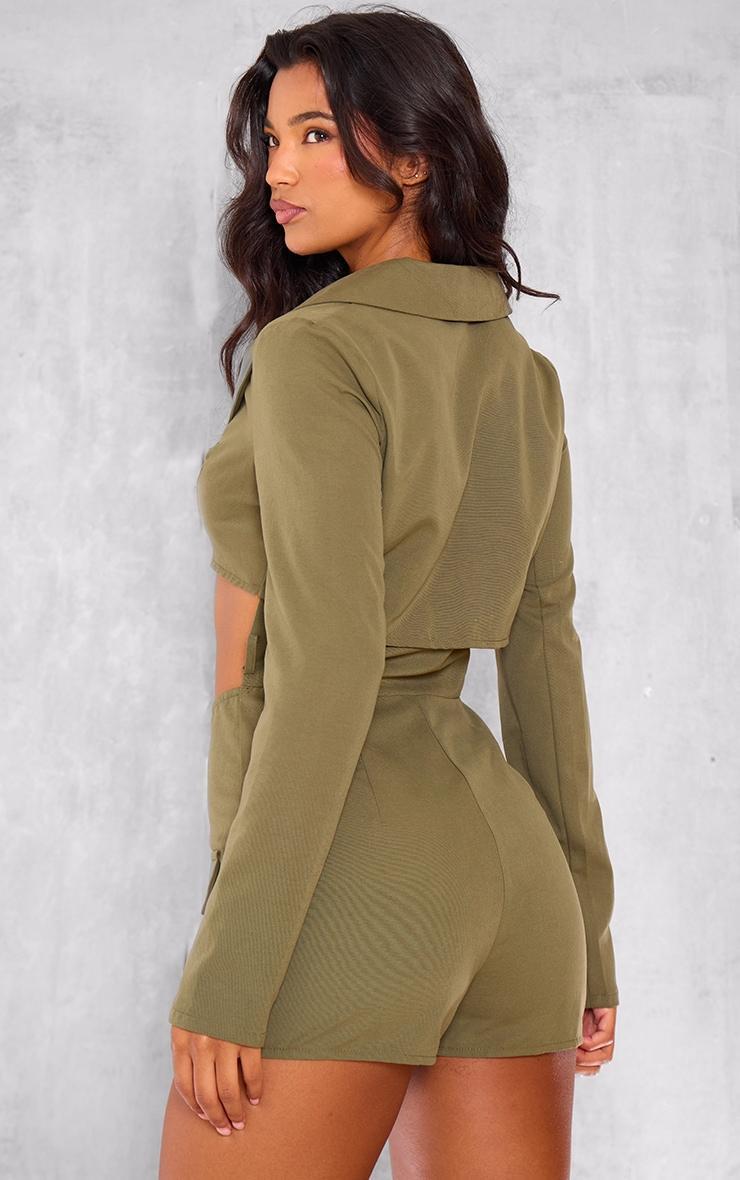 Dark Khaki Tailored Woven Long Sleeve Romper Product Image