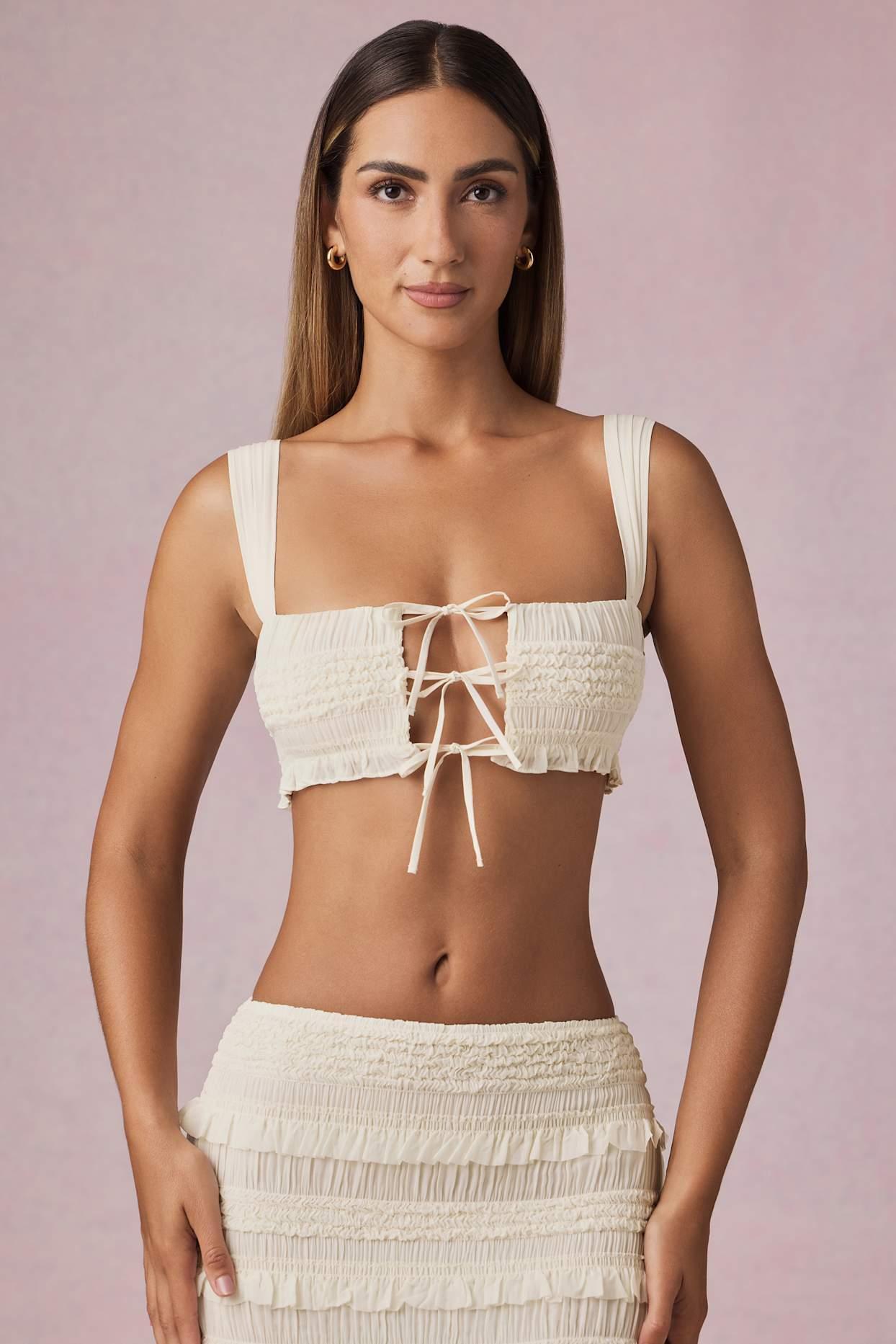Ruffled Tie-Front Crop Top in Ivory Product Image