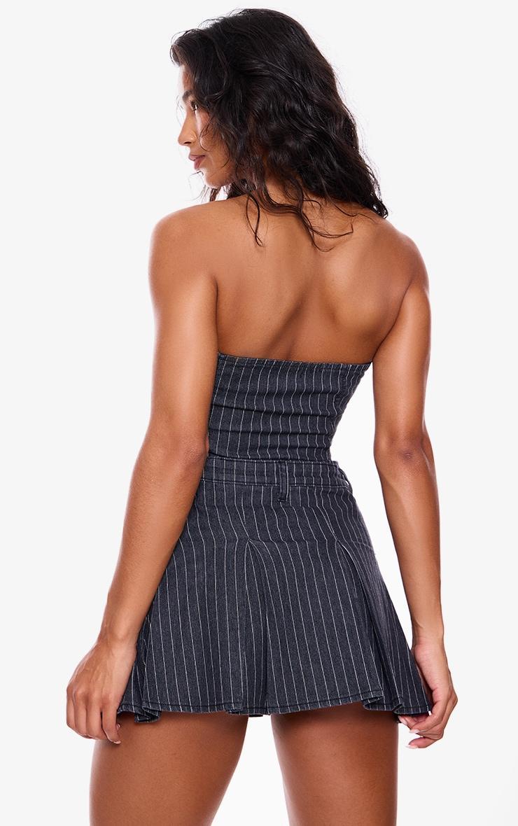 Navy Pinstripe Denim Pleated Bandeau Skater Dress Product Image