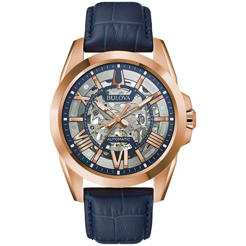 Mens Bulova Blue Leather Strap Automatic Skeleton Watch - 97A161 Product Image