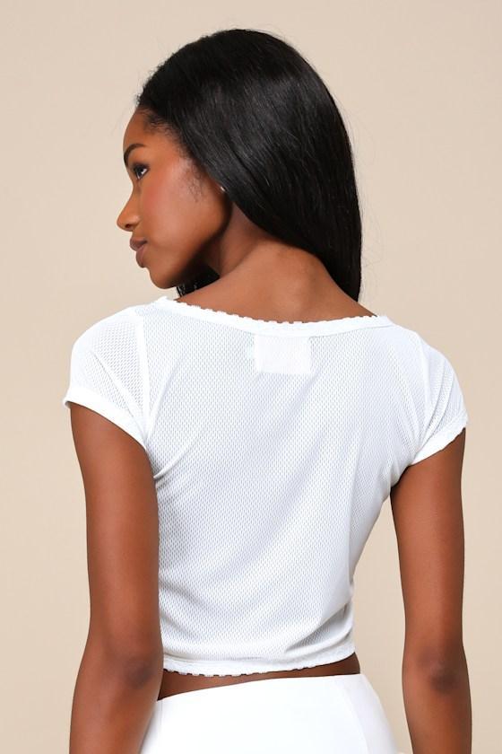 Play Me Five White Athletic Mesh Lace Cropped Cap Sleeve Top Product Image