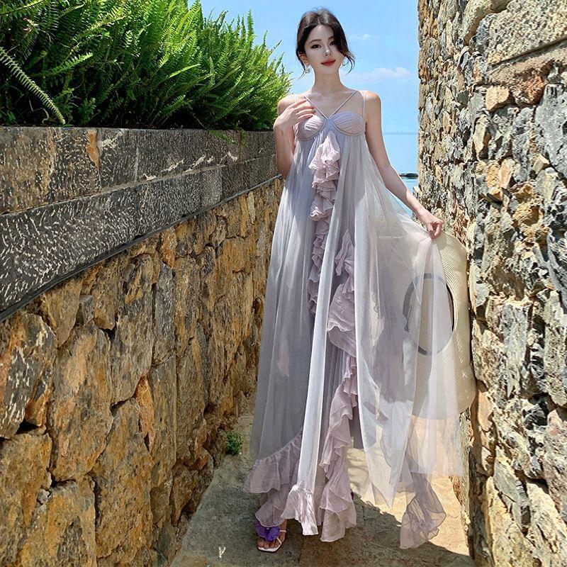 Spaghetti Strap Two-Tone Ruffled Maxi Sundress Product Image