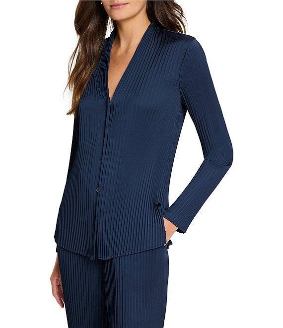 NIC + ZOE Crinkle Crepe V-Neck Long Sleeve Button Front Shirt Product Image