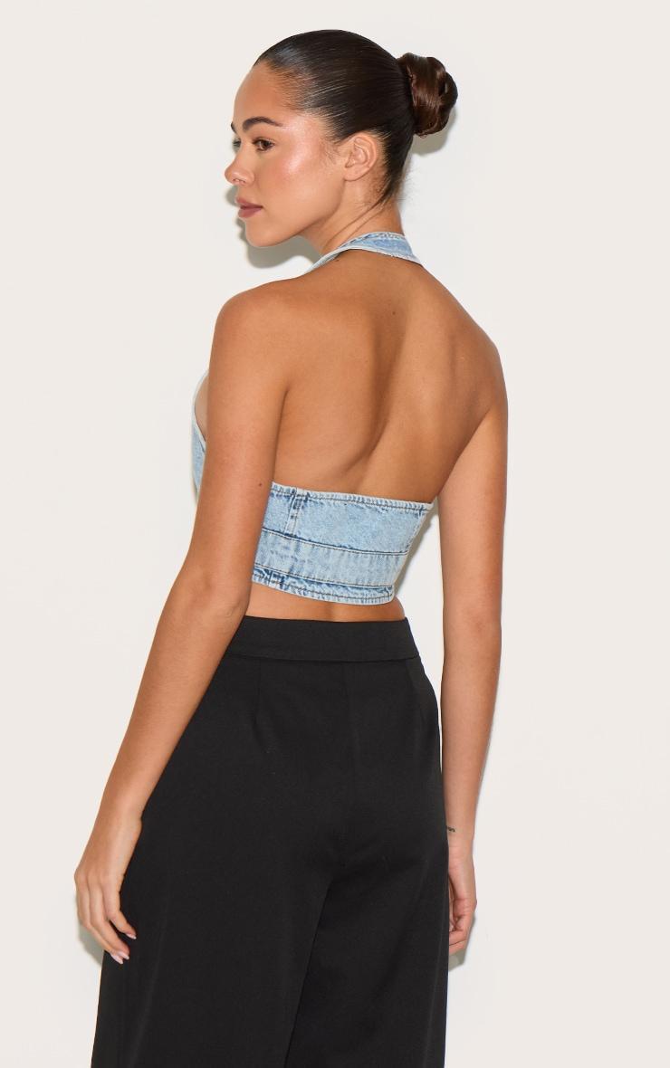 Light Blue Wash Buckle Front Denim Halterneck Top Product Image