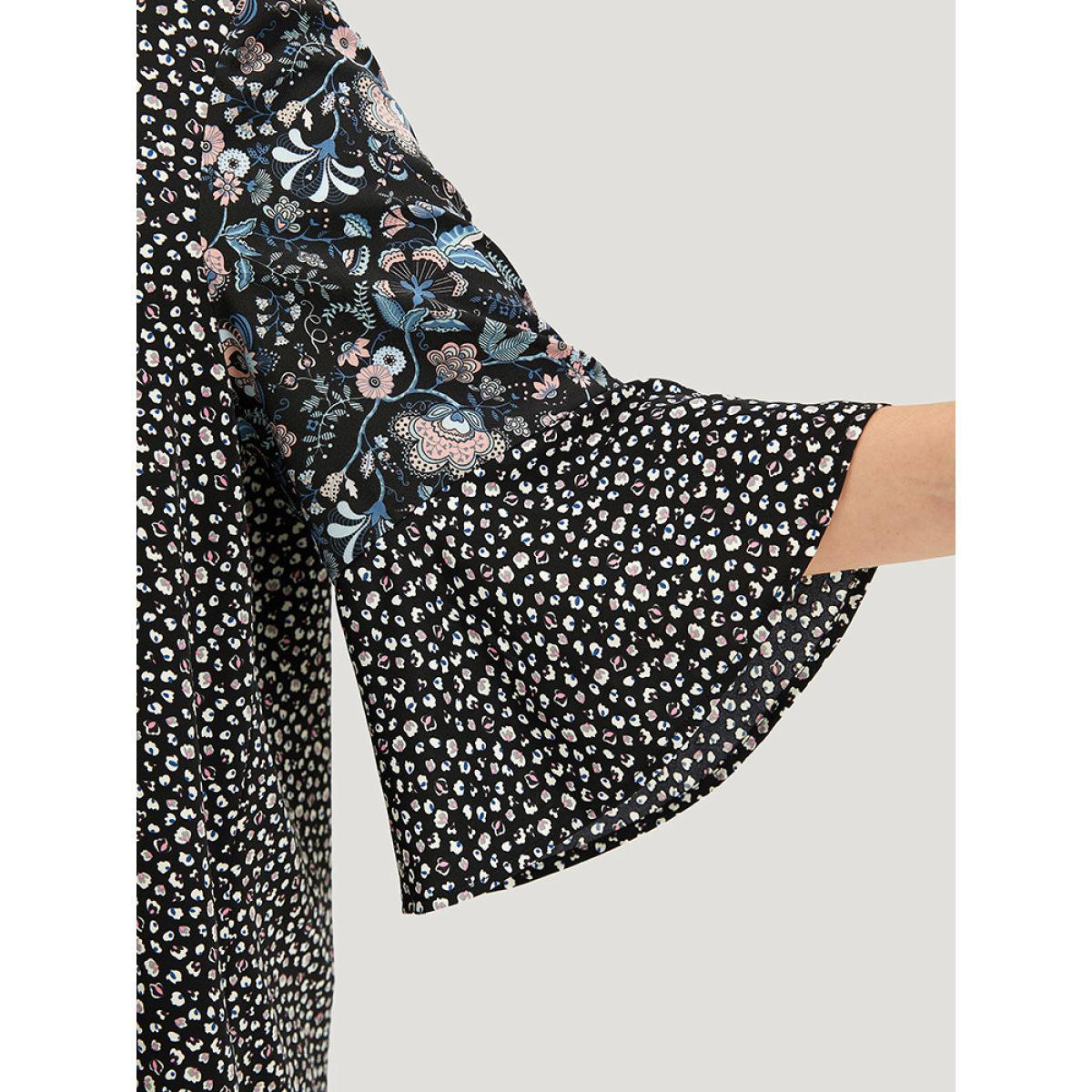 Plus Size BlackFlower Plants Print Patchwork V Neck Bell Sleeve Blouse Women Vacation Elbow-length sleeve V-neck Dailywear Blouses BloomChic 18-20/2X Product Image