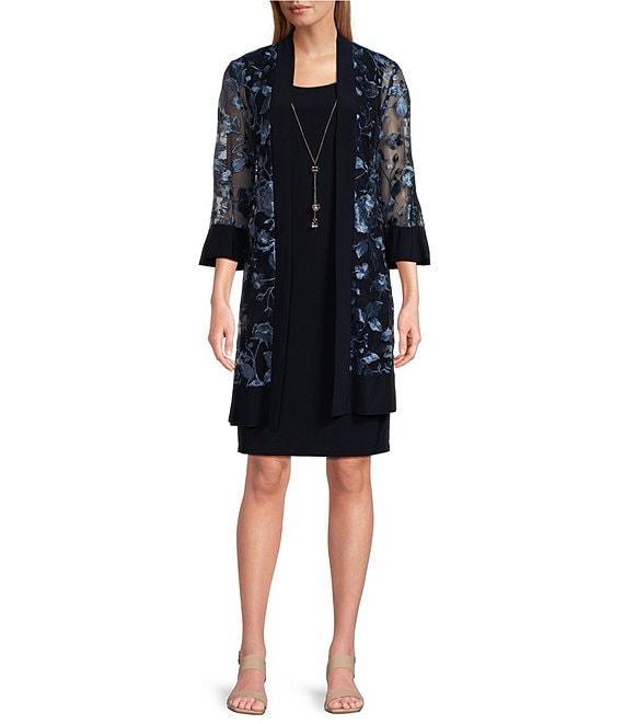 R & M Richards Scoop Neck 3/4 Sleeve Drape Floral Embroidered 2-Piece Jacket Dress Product Image