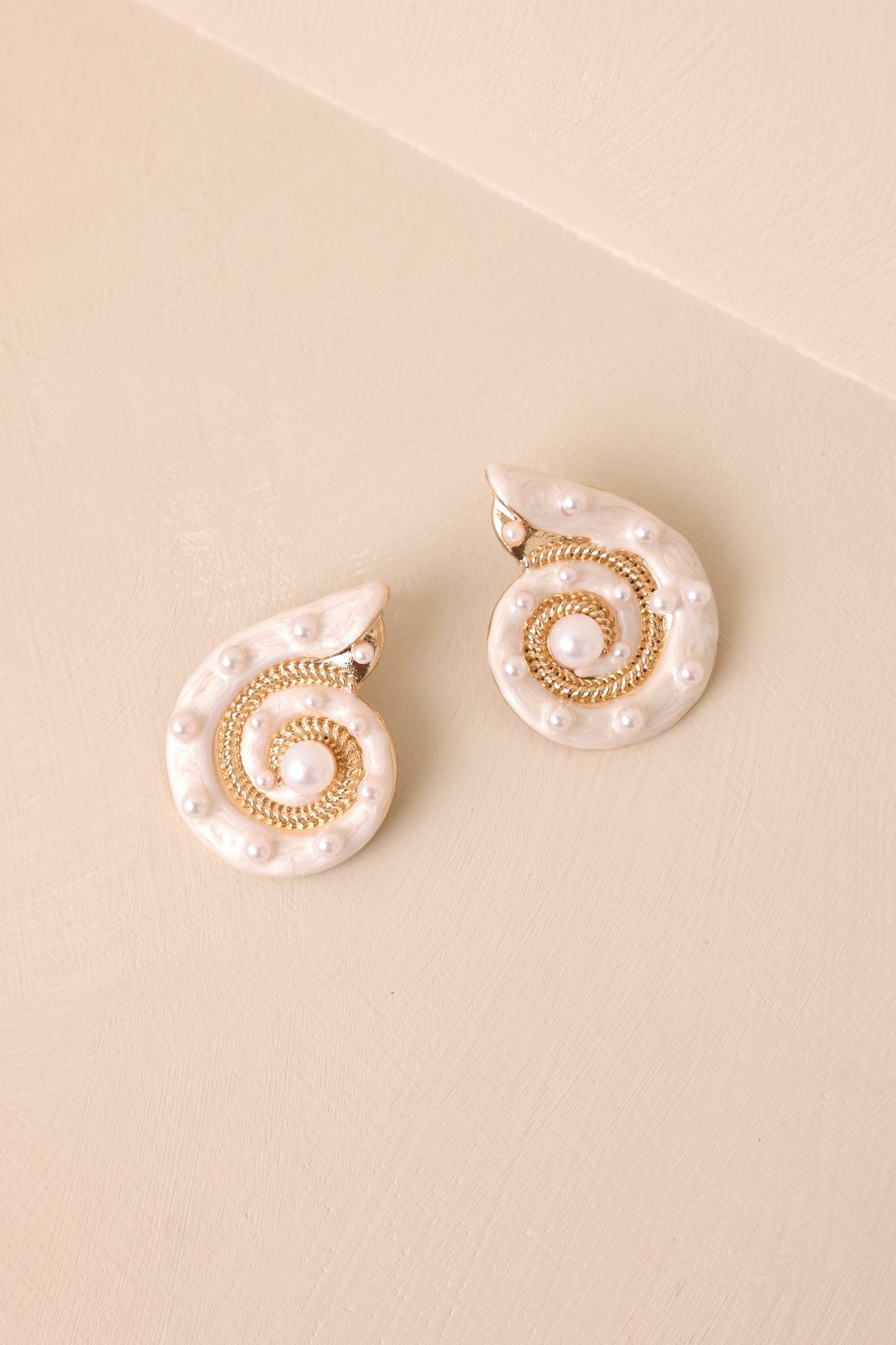 Delicate Waves Gold & Ivory Pearl Seashell Earrings Product Image