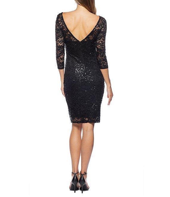 Marina Round Neck Ruched Side Sequin Lace 3/4 Sleeve Sheath Dress Product Image
