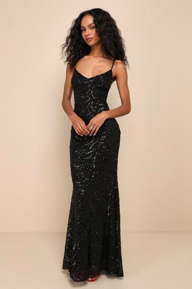 Mesmerizing Demeanor Black Sequin Backless Mermaid Maxi Dress Product Image