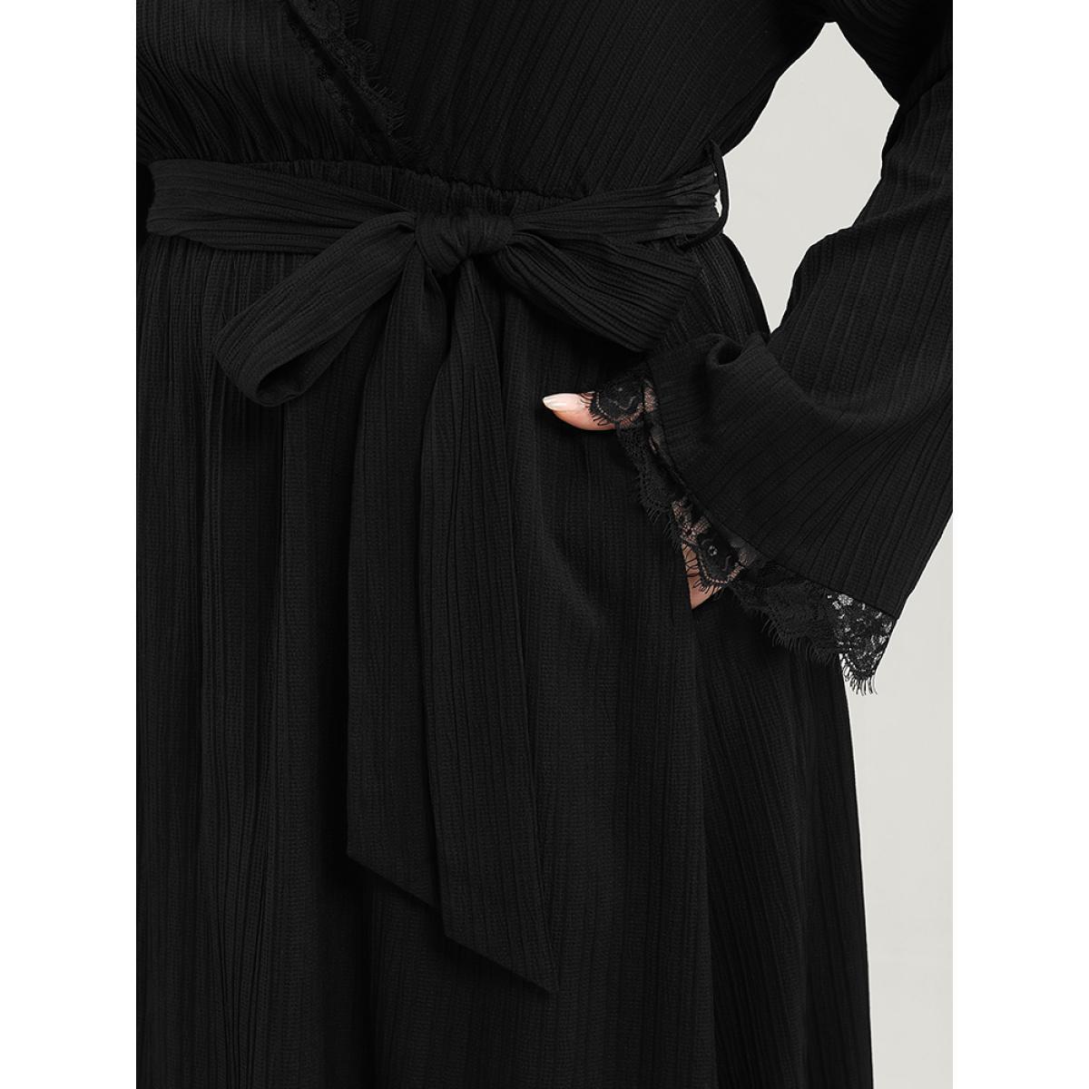 Plus Size Solid Textured Bell Sleeve Pocket Contrast Lace Belted Dress Black Women Elegant Lace V-neck Long Sleeve Curvy Midi Dress BloomChic 28/5X Product Image