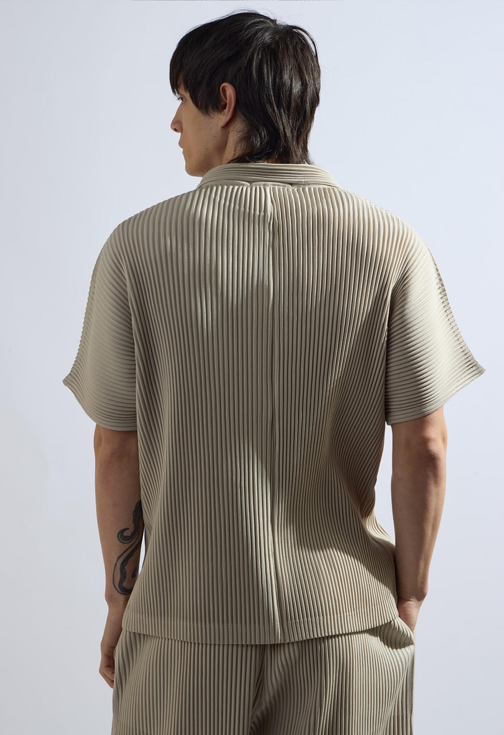 Pleated Short Sleeve Button Down in Beige Product Image